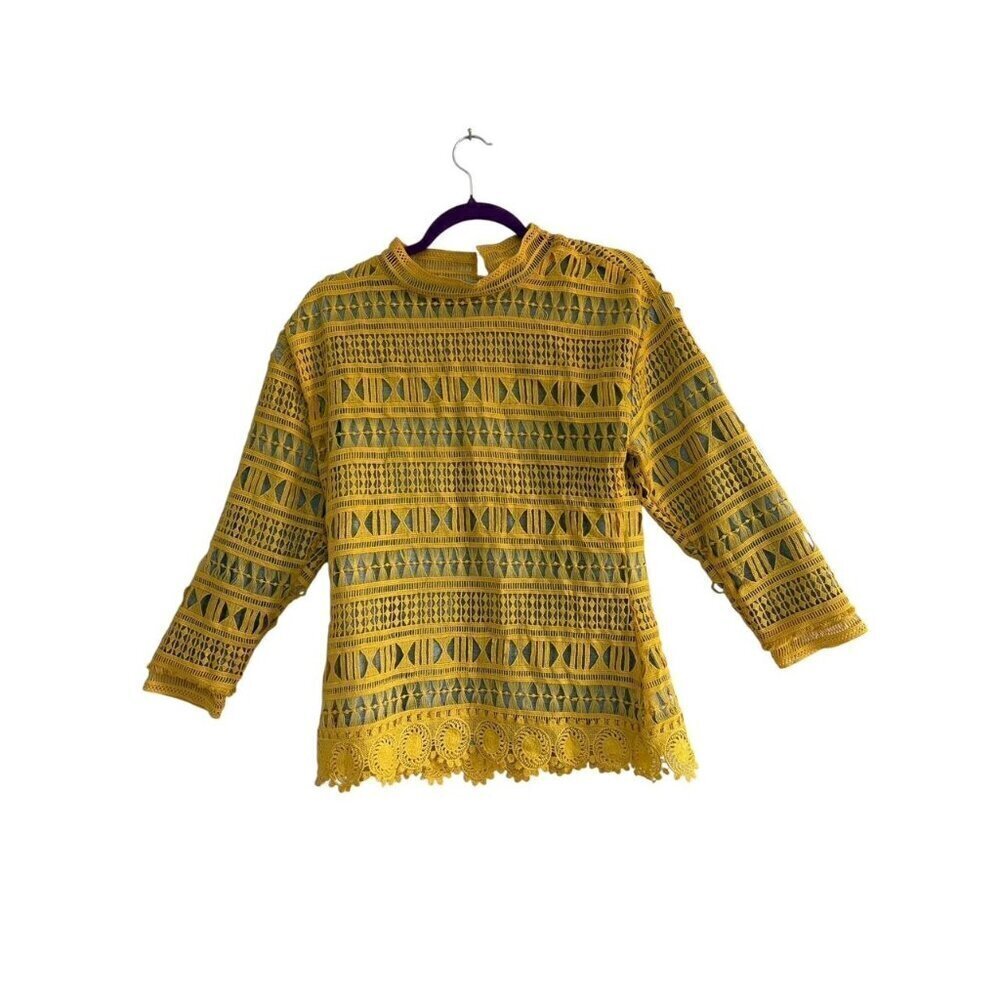 English Factory Women's Yellow Crochet Lace Overlay Top Gray Rayon Lining Small